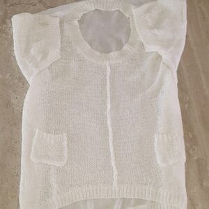 Cream Top Sweater Chiffon an Knit Short Sleeve Baggy Slouch